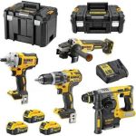 Dewalt Σετ Γωνιακός Τροχός, Κρουστικό Δραπανοκατσάβιδο, Μπουλονόκλειδο & Πιστολέτο 18V με 3 Μπαταρίες 5Ah και Θήκη