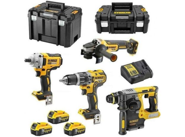 Dewalt Σετ Γωνιακός Τροχός, Κρουστικό Δραπανοκατσάβιδο, Μπουλονόκλειδο & Πιστολέτο 18V με 3 Μπαταρίες 5Ah και Θήκη